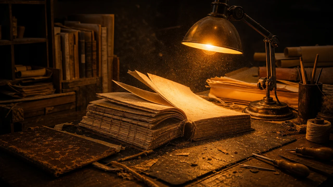 Karanlık bir rafta eski bir kitap yeniden ciltleniyor, amber lamba yalnızca açık sayfaları aydınlatıyor