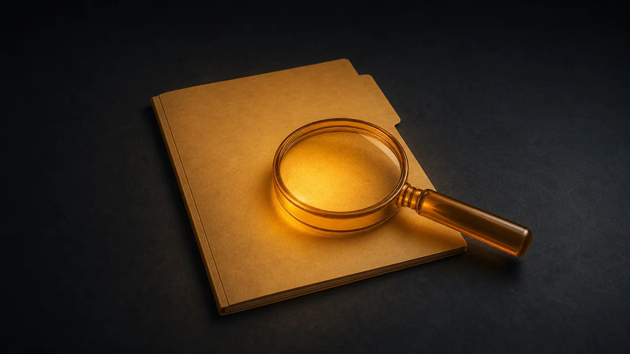 Karanlık bir masada tek bir dosya, amber bir büyüteç yalnızca o dosyayı tarıyor