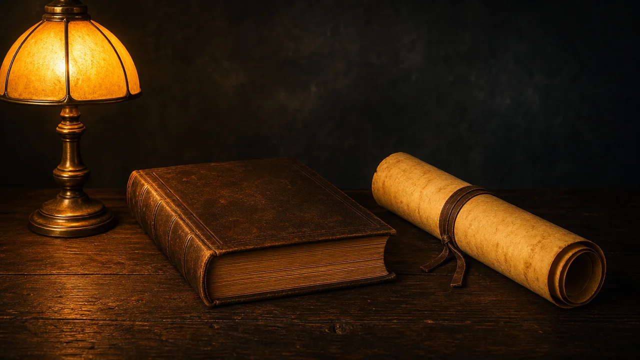 Karanlık bir masada bir kitap ve bir tomar kâğıt yan yana, amber lamba ikisini de tarıyor