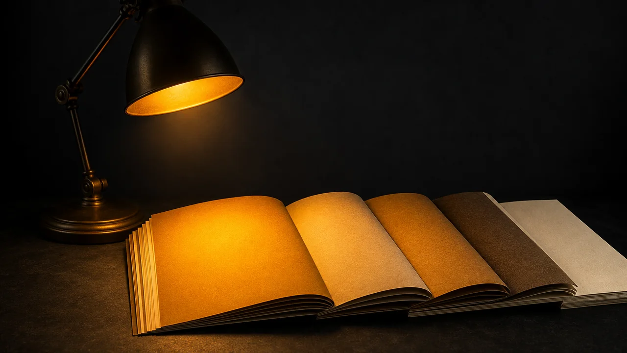 Karanlık bir arşivde güncellenen bir katalog, amber lamba yalnızca yeni eklenen sayfaları aydınlatıyor